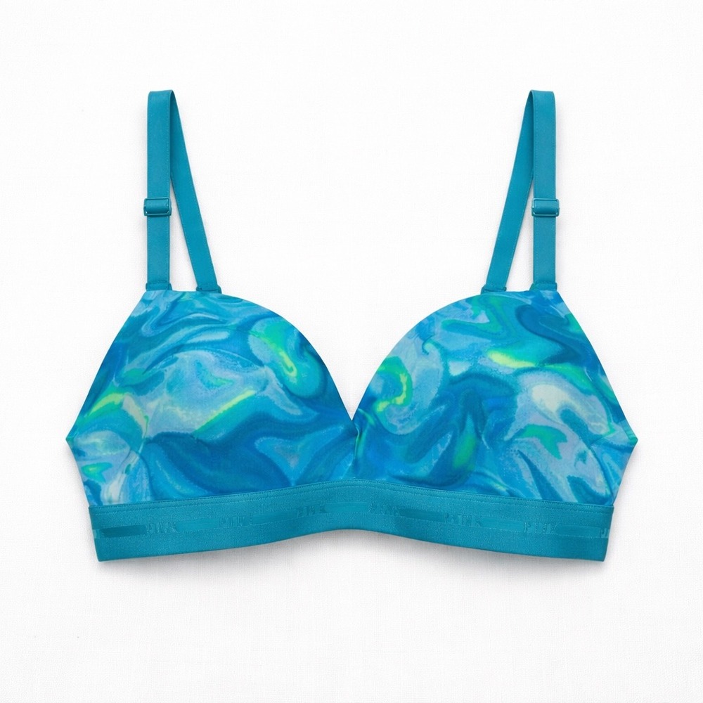 Victorias Secret PINK Wear Everywhere Wireless Push Up Bra 34D Blue Green Swirls